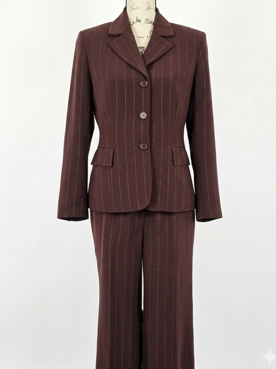 Kasper Pants - VTG Kasper Classics Petite 2pc Brown Pinstripe Blazer Trouser Lined Pantsuit Set